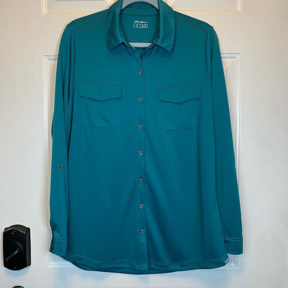 Eddie Bauer Sz XL Button-Up Roll-Tab Sleeve Knit Shirt Blouse Front Pockets - Picture 1 of 16